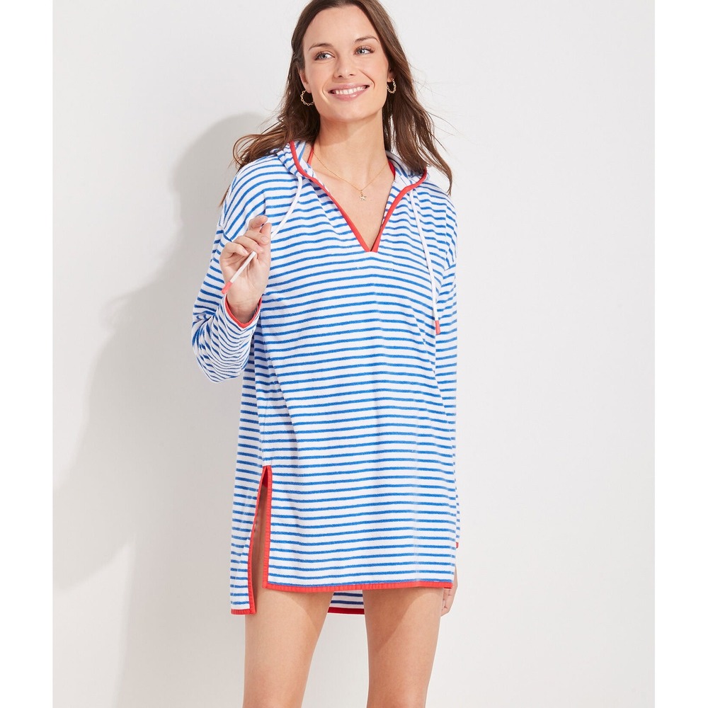Vineyard Vines Womens Blue White Striped Terry Cloth Hoodie Cover Up 2C001162 XL
